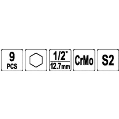 1/2" Galvučių smūginių su antgaliais rinkinys (HEX) (9vnt) 2