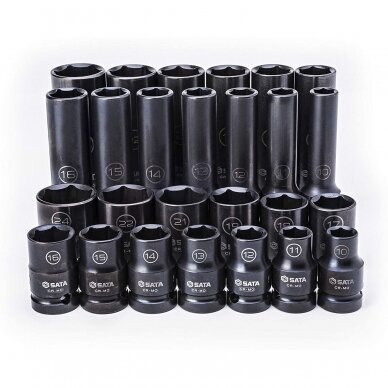 1/2" Prailgintų ir trumpų smūginių galvučių rinkinys (10-24mm)(26vnt) (plonasienės) 1