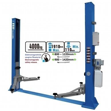 HIDRAULINIS 2 KOLONŲ KELTUVAS SU ELEKTROMAG. FIKSAVIMU, (SU PRAILG. LETENOMIS) 4.0T