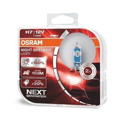 Osram lemputės Night Breaker Laser,+150%, H7, 55W,2 vnt, DUO O6421