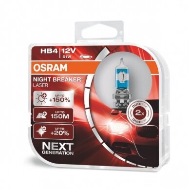 Osram lemputės Night Breaker Laser,+150%, HB4, 51W,2 vnt, DUO O900