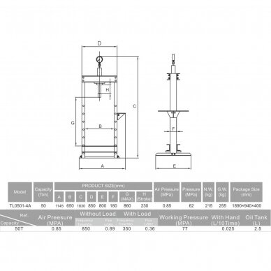 Pneumatinis / hidraulinis presas su manometru 50t 1