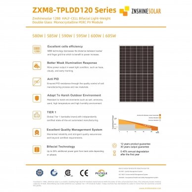 Saulės modulis 600W ZNSSHINE BIFACIAL ZS600W-SR 1